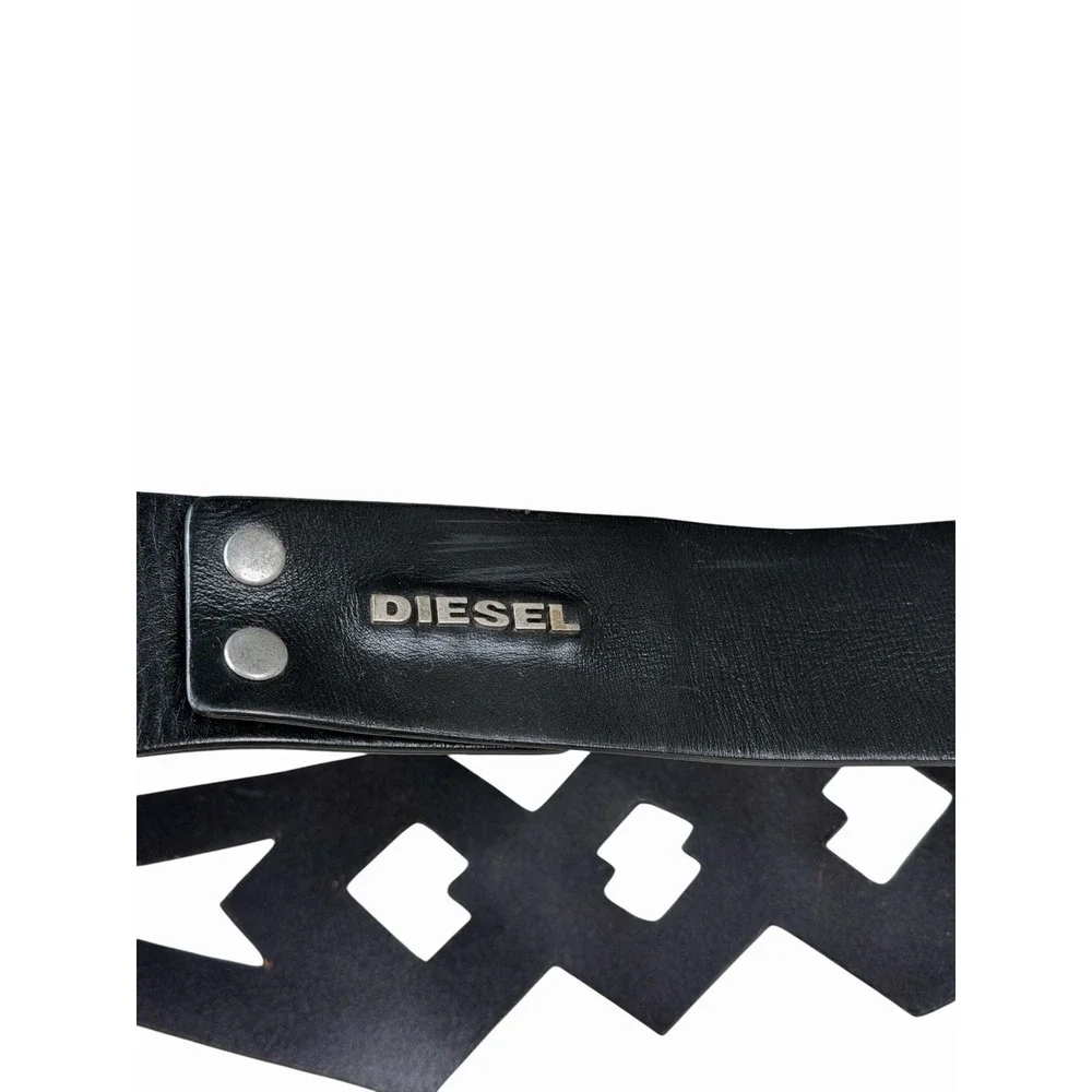 DIESEL Black Wide Leather‎ Belt Geometric Cut Out 100% Cow Leather Sz 90 cm